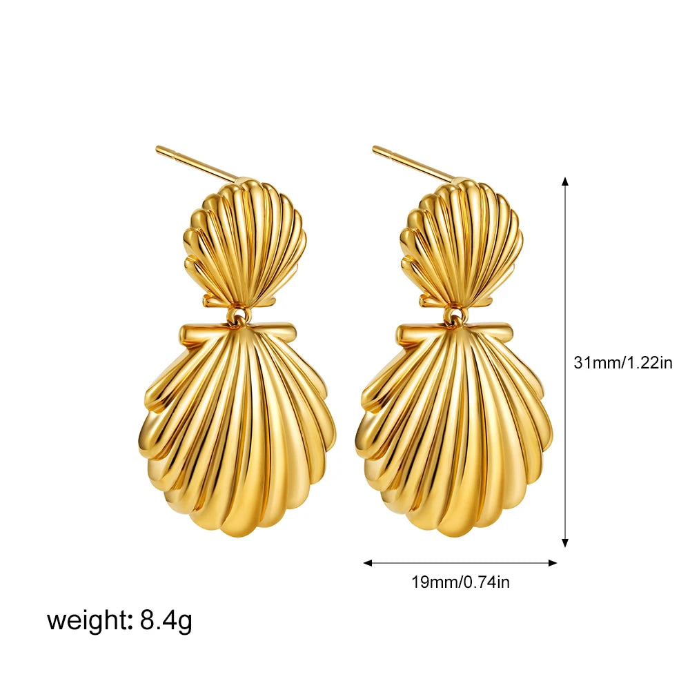 Golden Shell Drop Earrings – Geometric Statement in Stainless Steel