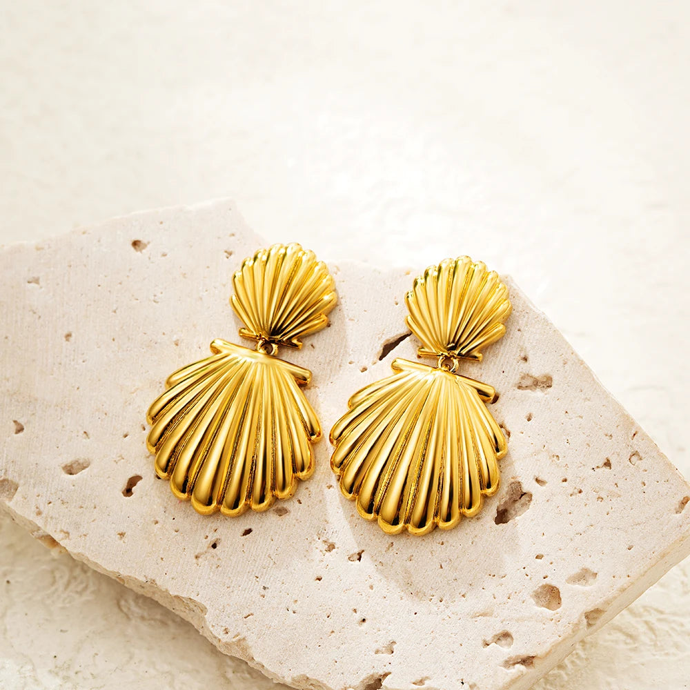 Golden Shell Drop Earrings – Geometric Statement in Stainless Steel