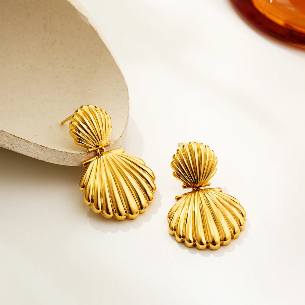 Golden Shell Drop Earrings – Geometric Statement in Stainless Steel
