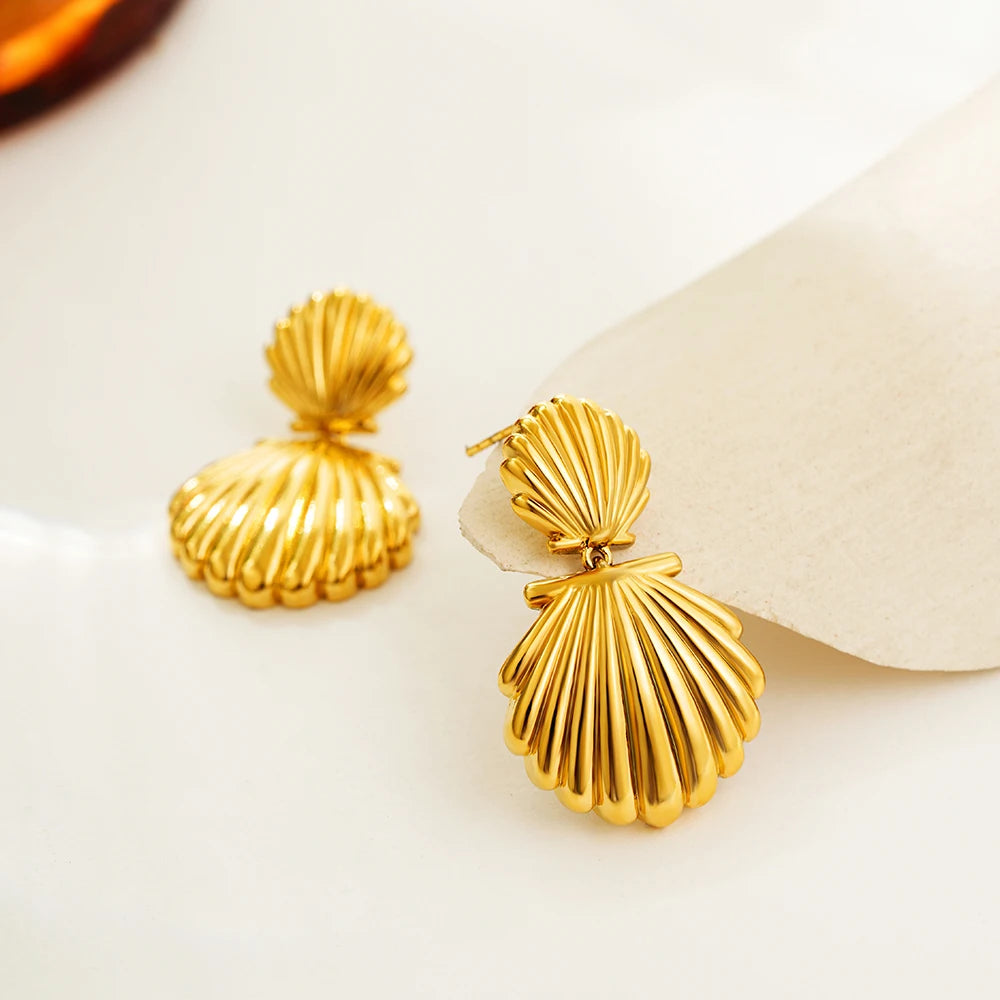 Golden Shell Drop Earrings – Geometric Statement in Stainless Steel