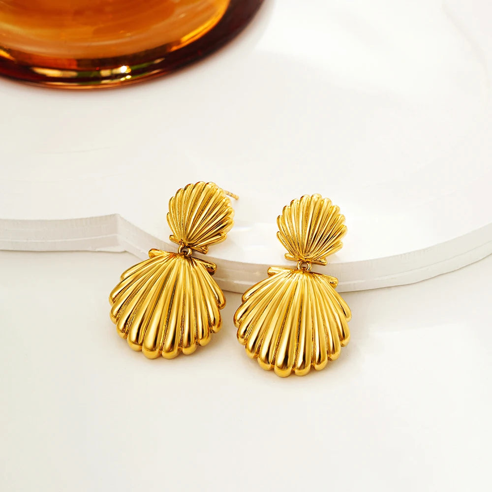 Golden Shell Drop Earrings – Geometric Statement in Stainless Steel