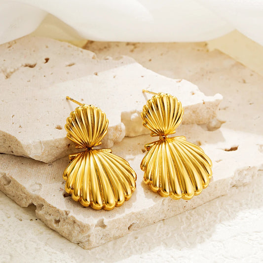 Golden Shell Drop Earrings – Geometric Statement in Stainless Steel